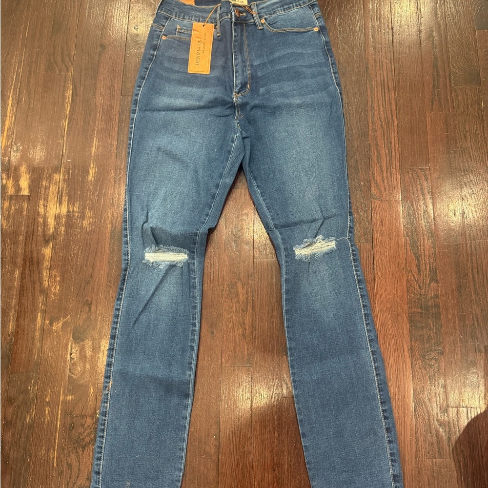 Blue Skinny Jeans with Distressed Rips